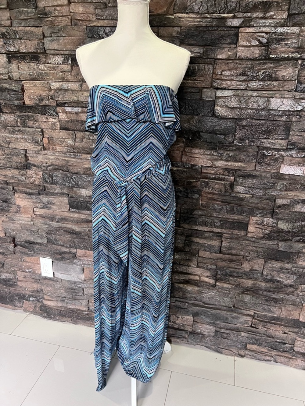 White House Black Market Blue and Black Striped Strapless Jumpsuit